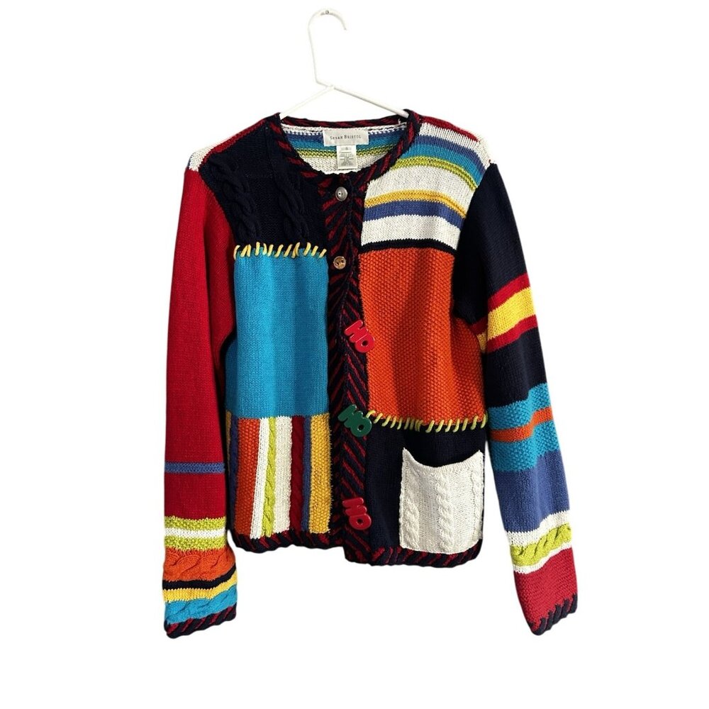 Susan Bristol Vintage Hand Knit Patchwork Cardigan Sweater Colorful Striped  S